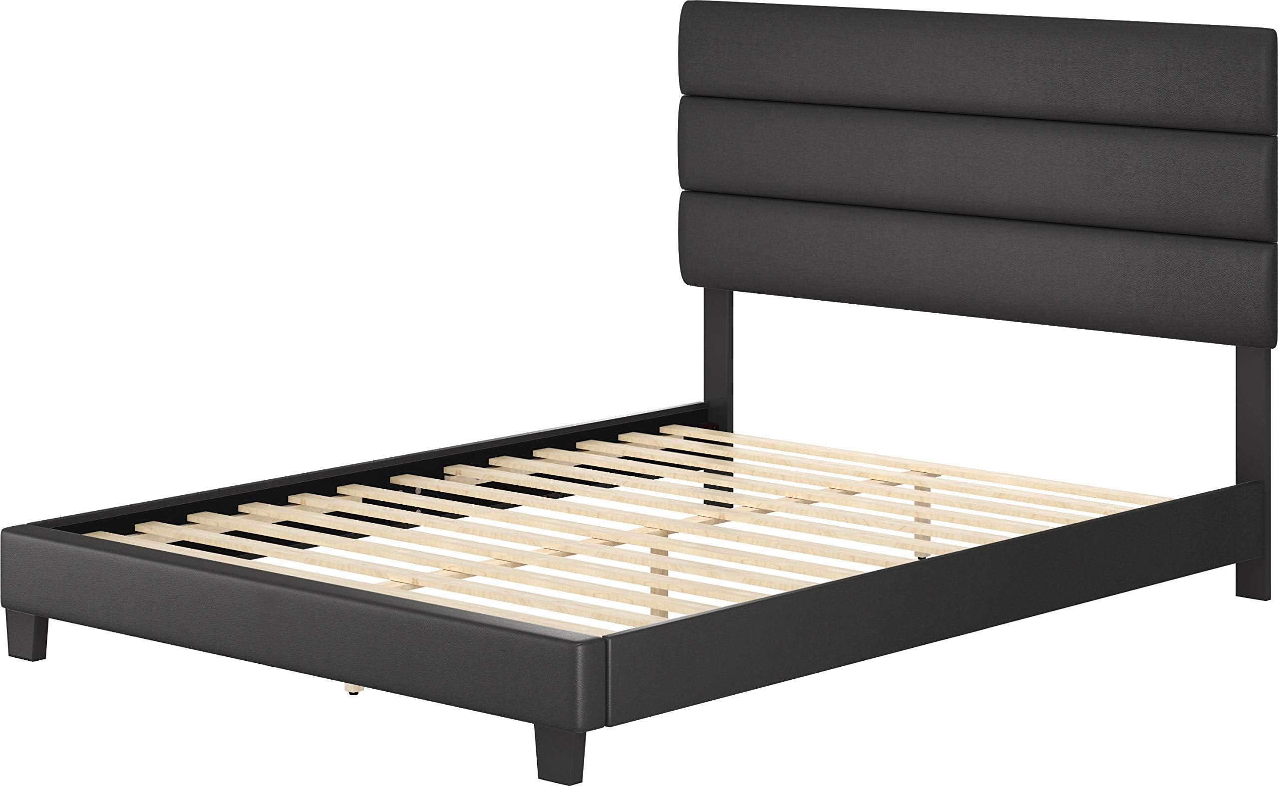 Boyd Sleep Piedmont Upholstered Platform Bed Frame Mattress Foundation With Tri-Panel Headboard And Strong Wood Slat Supports: Faux Leather, Black, Queen